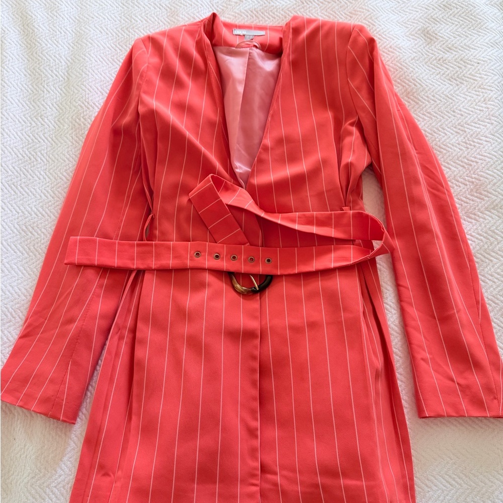ASOS Bright Orange Pinstripe Belted Classic Blazer Size 4 Like New